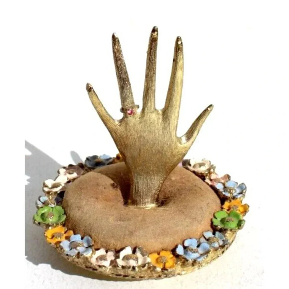 Vintage 1970s MCM Flower Mini Hand Figurine Ring Trinket Dish Pin Cushion Dish - Picture 1 of 3